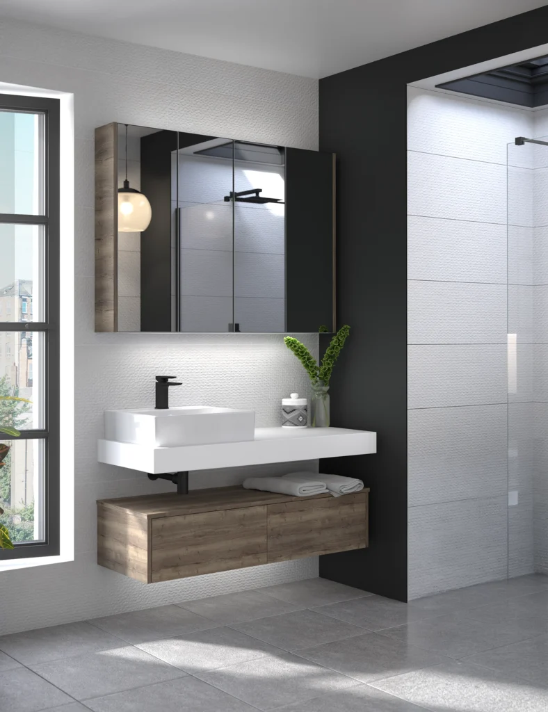 Geo Coralux Solid Surface with Dorchester Oak Storage Unit