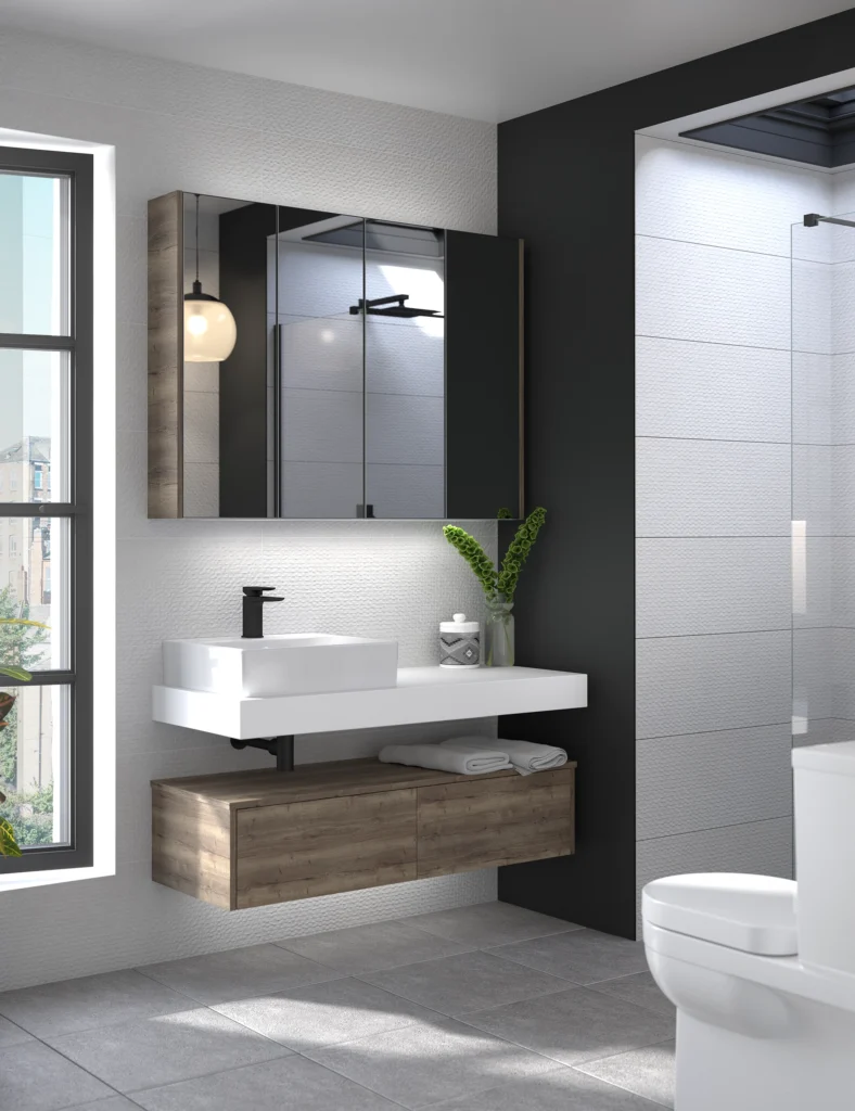 Geo Coralux Solid Surface with Dorchester Oak Storage Unit